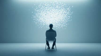 Obraz premium Solitary Contemplation: A figure sits alone facing a bright abstract light display, exuding a sense of mystery and introspective thought.