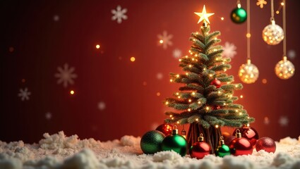 Fototapeta premium Festive backdrop with snowflakes, holiday decorations, and a wooden Christmas tree