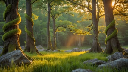 Scenic view of a lush summer forest featuring broadleaf trees, moss-covered trunks entwined with vines, boulders, vibrant grass, and dappled sunlight on the forest floor. A typical depiction of spr...