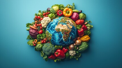 Fresh colorful vegetables surround a detailed depiction of planet Earth
