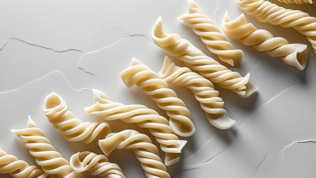 Raw cavatappi pasta laid out on a plain white surface, viewed from above, with a clear focus and clipping path.