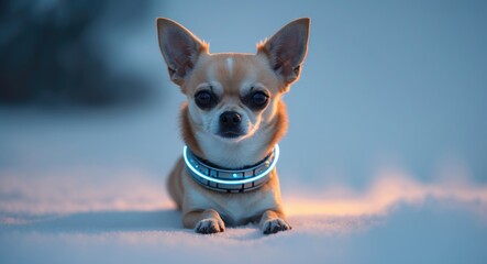Chihuahua, aged 4 years, sporting a space-themed collar against a white backdrop.