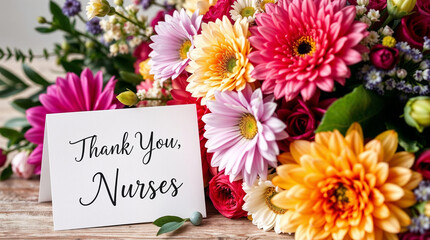 bouquet of flowers with a white greeting card that says “Thank You, Nurses!”