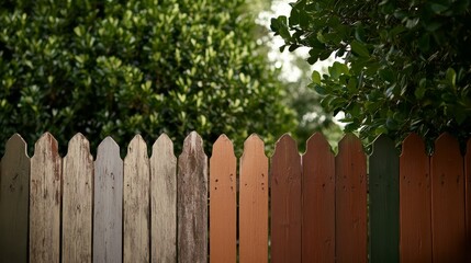 Fototapeta premium Faded colors of a charming picket fence create a rustic atmosphere, surrounded by vibrant green leaves, offering a peaceful outdoor space with ample copy area