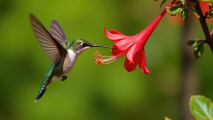 Fototapeta premium Adult male Anna's Hummingbird in flight while feeding on nectar. Santa Cruz, USA.