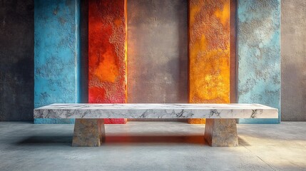Serene marble bench rests against vibrant textured wall soft light illuminates scene. AI Generated