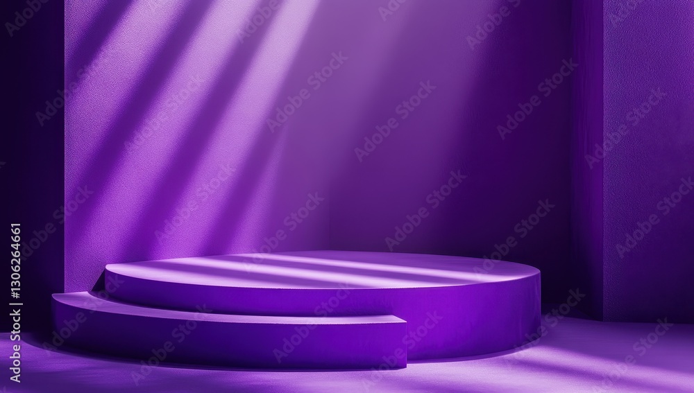 Poster modern minimalist stage design with purple hues and soft light rays creating artistic atmosphere in 