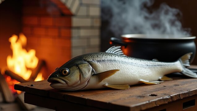 Taimen fish caught on a hook beside a blaze, preparing fish broth.