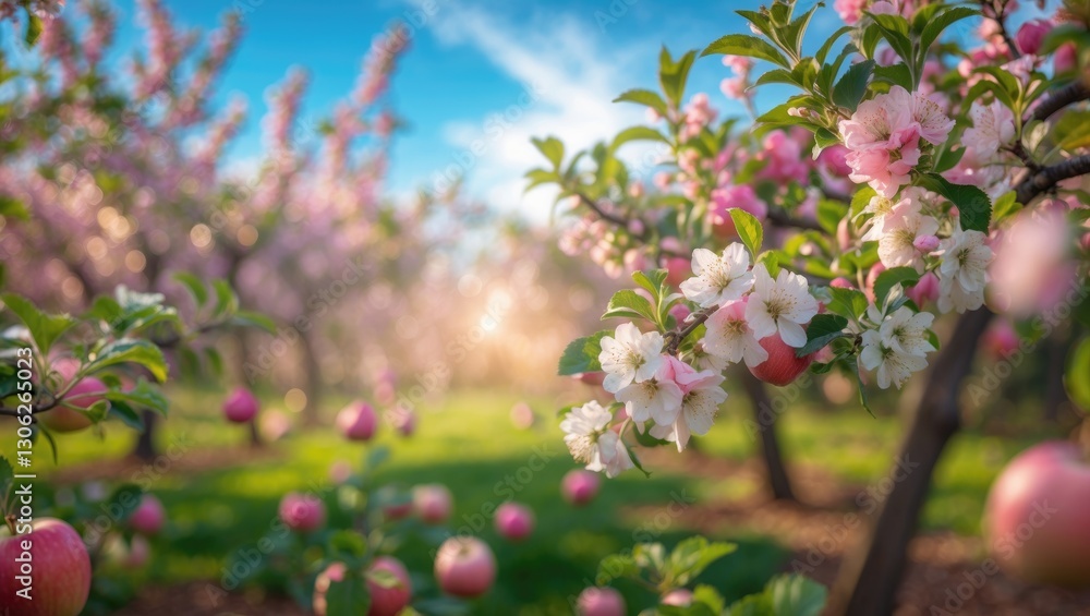 Poster blossoming trees in an apple orchard on a sunny day with a blurred bokeh background.
