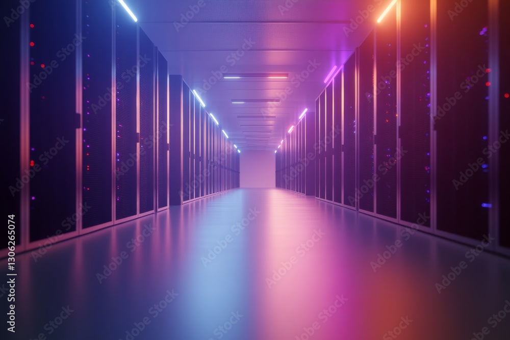 Fototapete A server rack glows with blue and purple neon lights in a high-tech data center, highlighting the depth and symmetry of the rows while leaving space for text