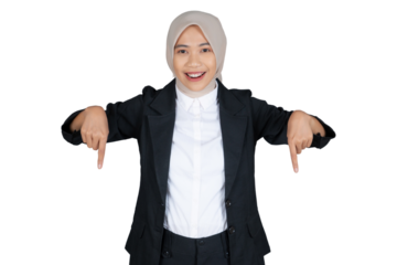 Portrait of Young Businesswoman in a Hijab Pointing Down isolated transparent
