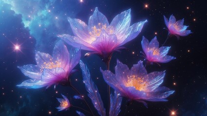 Stunning artwork of cosmic blooms beneath a star-filled sky