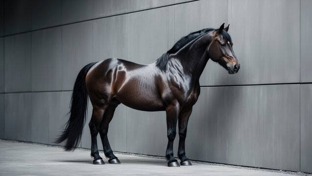 Striking dark bay Akhal Teke stallion posed against a gray concrete wall, captured in a vertical close-up.