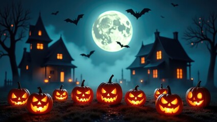 Enchanting illustration of a Spooky Halloween Landscape featuring Glowing Jack o' Lanterns, Eerie Houses, Fog, Bats, and the Moon
