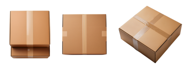 Set of three brown cardboard boxes in various positions for shipping and storage.