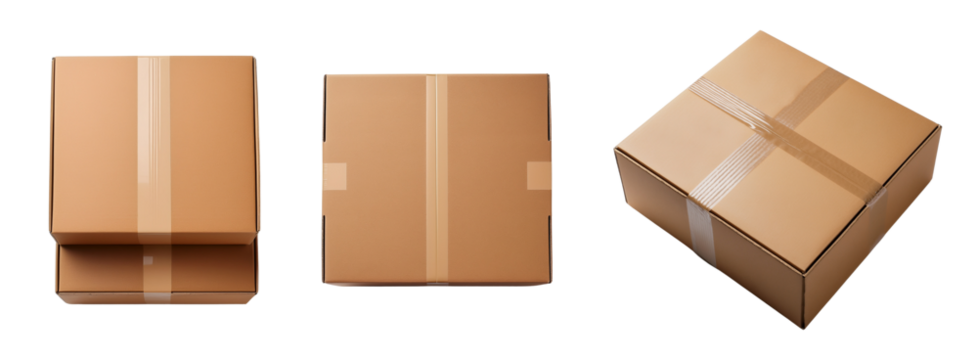 Set of three brown cardboard boxes in various positions for shipping and storage.