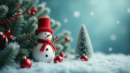 Fototapeta premium Decorative spruce limbs, a Christmas tree ornament, bows, and spiral decorations are displayed on a blue-gray backdrop alongside a hat-wearing toy snowman.