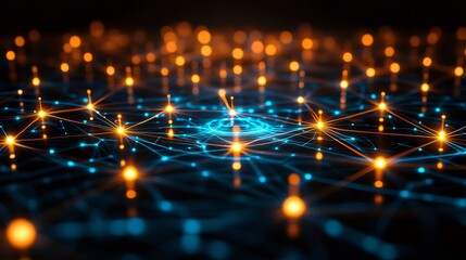 Fototapeta premium Glowing Network Nodes Shine Brightly Deep Blue Abstract Background. AI Generated