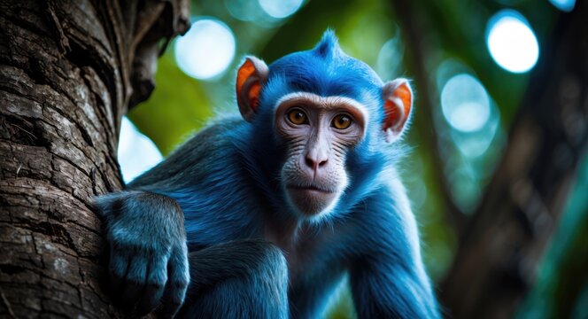 Blue monkey perched on a tree in a tropical jungle. Close-up of Zanzibar Sykes' monkey, Cercopithecus albogularis, in its natural habitat within Zanzibar's Jozani forest. Portrait featuring strikin...