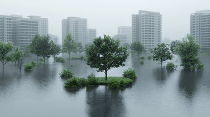 Fototapeta premium flooded urban area with submerged trees and buildings in background, highlighting climate resilience challenges