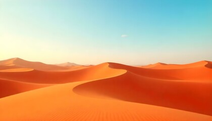 A panoramic photograph captures a vast desert landscape under a clear sky. The scene is dominated by undulating sand dunes, their forms sculpted by the wind into smooth, flowing shapes