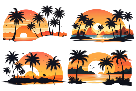 Sunset Silhouette of Palm Trees and Beach cartoon style png