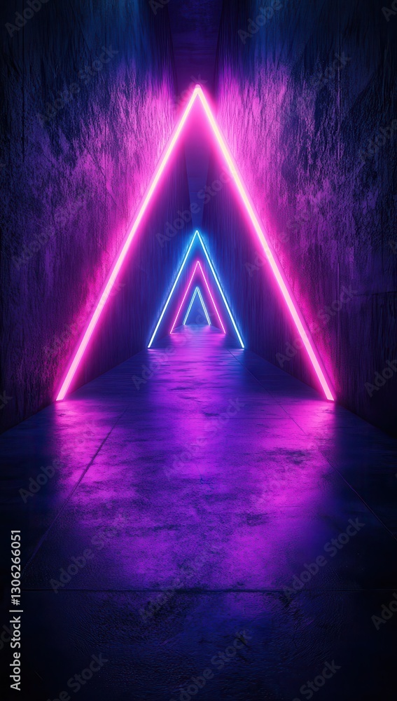 Poster neon triangular lights in a dark corridor creating a futuristic atmosphere with vibrant colors and r