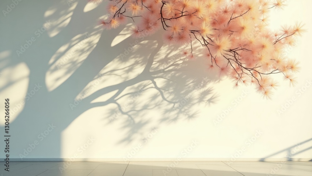 Poster silhouette of an abstract tree's shadow with soft leaves and branches cast on a white wall, featurin