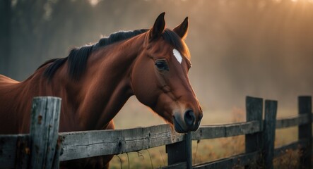 Fototapeta premium Majestic chestnut horse by a wooden barrier