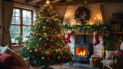 Charmingly adorned Christmas tree and hearth within a cozy cottage