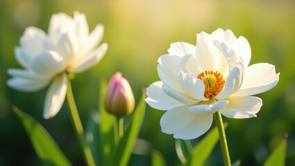 Fototapeta premium Detailed view of white peony blossoms in a garden setting.