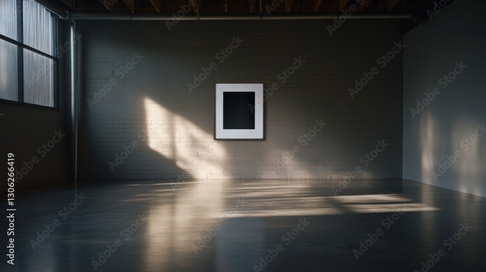 Aufkleber An ornate wooden frame contains a striking black-and-white artwork on a brick wall, with soft shadows created by a vintage lamp adding depth to the space