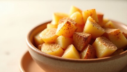 Bowl of spiced apple pie filling with a mix of sliced apples coated in nutmeg and cinnamon. Close-up view.