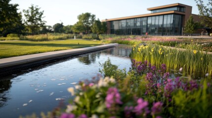 A landscaped bioswale with decorative grasses and blooming perennials guides water through an urban park, featuring a modern office building in the background