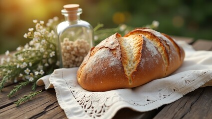 Detailed perspective of a loaf of bread resting on a decorative towel on a wooden surface, alongside a glass container, set for an outdoor wedding celebration.