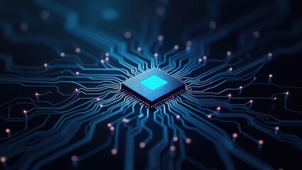 Futuristic visualization of a microchip CPU on a circuit board, initiating artificial intelligence. Data digitalization from neural networks is illustrated, with the electronic brain connected by d...