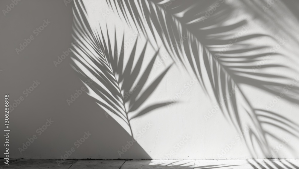 Aufkleber monochrome silhouette of palm leaves creating an abstract design on a light wall surface. empty spac