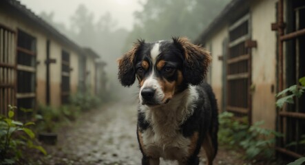Tri-colored dog in a misty outdoor setting, searching for a home, forlorn dogs in shelters.