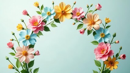 Fototapeta premium Pastel Flower Arrangement A Delicate Floral Arch of Soft Hues on a Light Blue Background
