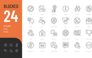 Blocked Line Editable Icons set. Vector illustration in modern thin line style of prohibitory signs related icons: objection, deny, refuse, and more.