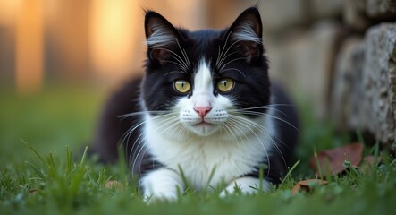 Obraz premium Adorable black and white cat resting in a natural setting