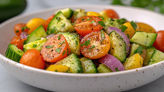 vibrant bowl of fresh avocado salad with cherry tomatoes, red onions, cucumbers, and herbs, seasoned with pepper - Powered by Adobe