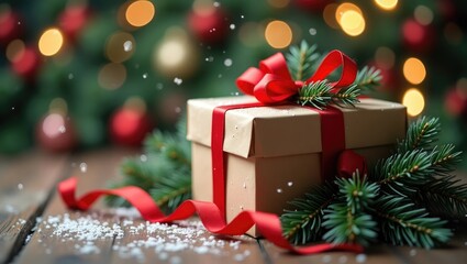 Festive arrangement featuring a holiday gift amidst a soft-focus backdrop.