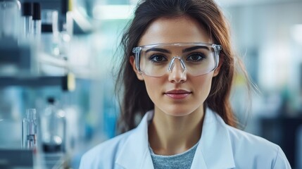 Fototapeta premium A portrait of a young European female scientist wearing safety glasses in a modern laboratory, showcasing dedication to research and innovation in science.