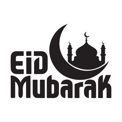 Eid Mubarak Calligraphy - Crescent Moon and Mosque Silhouette