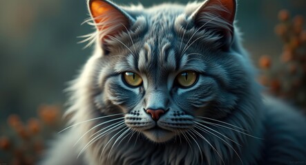 Elegant gray feline with striking eyes and a regal appearance.