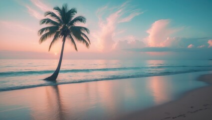 Obraz premium Scenic beach at sunrise featuring a palm tree for a holiday getaway