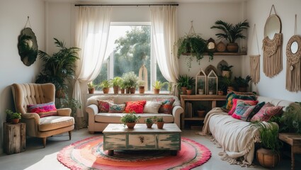 Obraz premium Eclectic and bohemian-style living room featuring a window and furnishings such as an armchair, cozy sofa, plant-filled shelf, round rug, vintage wall art, and a coffee table.