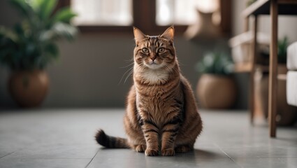 Elegant brown cat resting on the floor with a softly blurred background. Portrait of an older house cat.