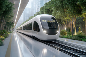 Naklejka premium sleek white high speed train travels through lush green urban environment, showcasing modern and eco friendly transportation